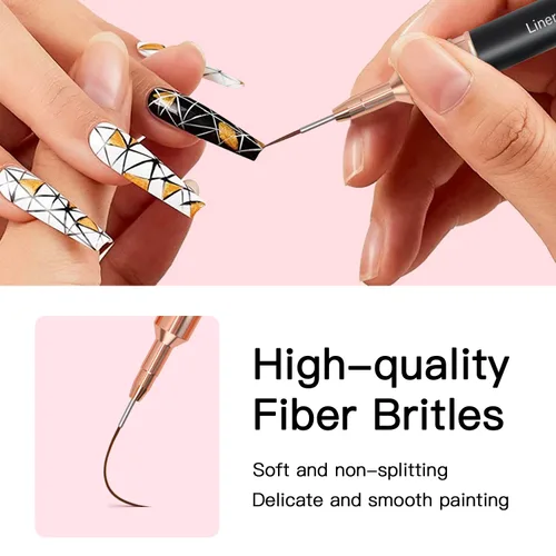 Miniatura 3 de Komall Pinceles Metálicos para Arte de Uñas, Set de 5 Pinceles de Línea, Pincel de Arte de Uñas con Gel UV para Líneas Largas, Detalles Finos, Negro
