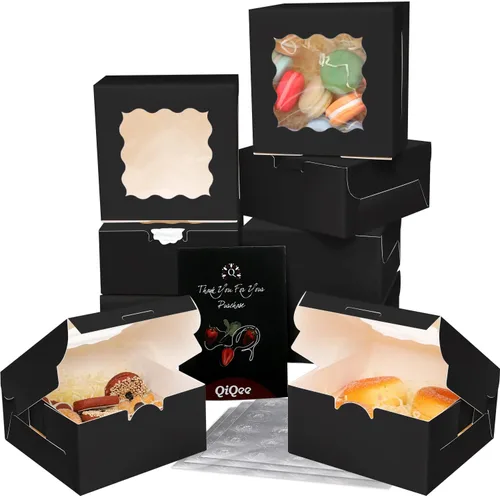 Miniatura 4 de Bakepacker 100 piezas de cajas de panadería negras con ventana de 6x6x3 pulgadas, gruesas y resistentes, cajas de macarrón y de repostería, cajas