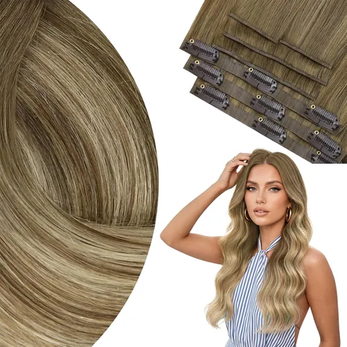 Miniatura 17 de Ve Sunny Extensiones de cabello clip-in de cabello humano real con reflejos, extensiones de cabello con clip para cabello corto, marrón oscuro