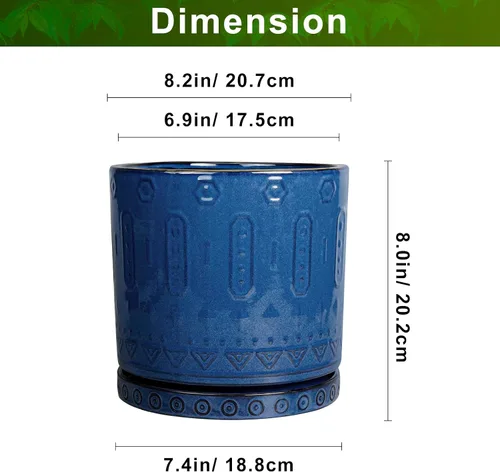 Miniatura 3 de Maceta de Cerámica Eightpot - Maceta de 20 cm para Interior con Agujeros de Drenaje y Platillo, Maceta Redonda para Exterior, Maceta Moderna de Azul