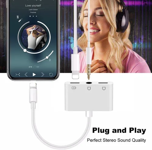 Miniatura 3 de 8ware Adaptador Lightning a auriculares 0.138 in Jack Adaptador de auriculares 3 en 1 y divisor de carga para iPhone 13/12/11/SE/XS/XR/X/8/7 y iPad