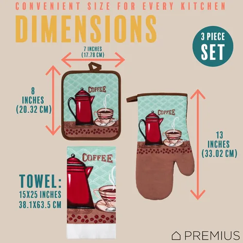 Miniatura 6 de Juego de ropa de cocina estampada de 3 piezas, 1 toalla de algodón, 1 agarradera, 1 guante de horno con lazo para colgar, material 100% algodón