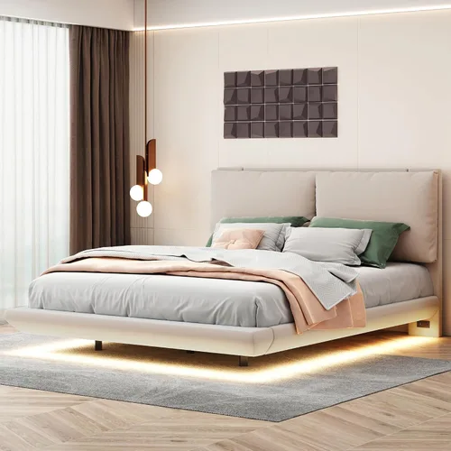 Miniatura 22 de Cama de plataforma flotante, marco de cama de madera tamaño individual con rayas claras, tela de lino suave y cabecera de diseño capitoné