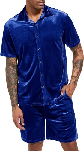 Miniatura 2 de LecGee Conjuntos de Pantalones Cortos Casuales de Verano para Hombres Camisa de Terciopelo de Manga Corta con Botones Pantalones Cortos de Cintura