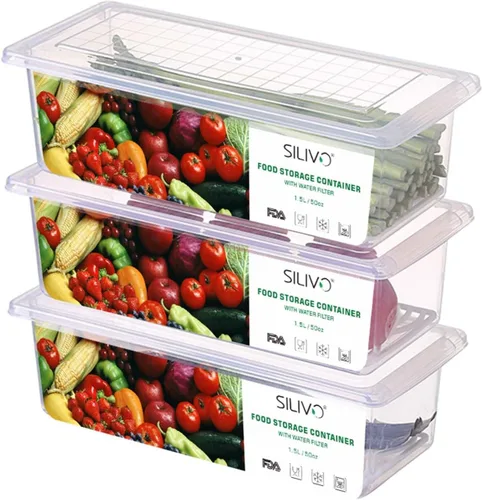 Miniatura 8 de SILIVO Contenedores de almacenamiento para refrigerador (paquete de 3) - 2.5L con bandeja de drenaje para mantener frescas las verduras, frutas