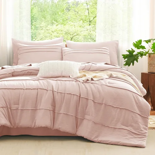 Miniatura 13 de CozyLux Juegos de Edredón Tamaño Full Beige, 7 Piezas Suave Plisado Pinch Pleat Cama en una Bolsa Juego de Edredón Full con Sábanas, Juego de Cama
