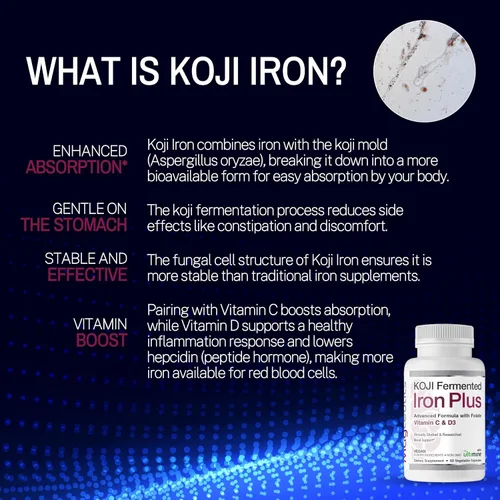 Miniatura 3 de Koji Fermented Iron Plus - Suplemento de hierro con vitamina C, vitamina D3 y folato para apoyo sanguíneo, fácil de absorber y biodisponible, apto