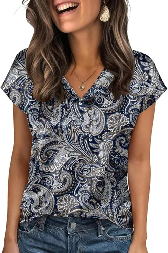 Miniatura 18 de Zeagoo - Camisetas de mujer de satén de seda, tops de manga corta con cuello en V, blusas para negocios y conjuntos casuales, talla S-2XL