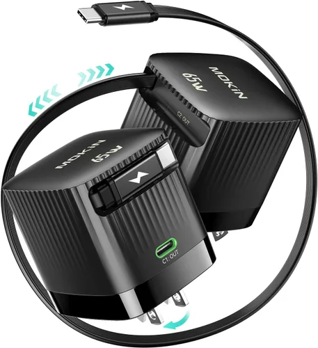GaN PD PPS - Cargador de pared retráctil de 65 W, bloque de cargador USB C rápido con cable retráctil tipo C, adaptador de carga rápida de viaje con