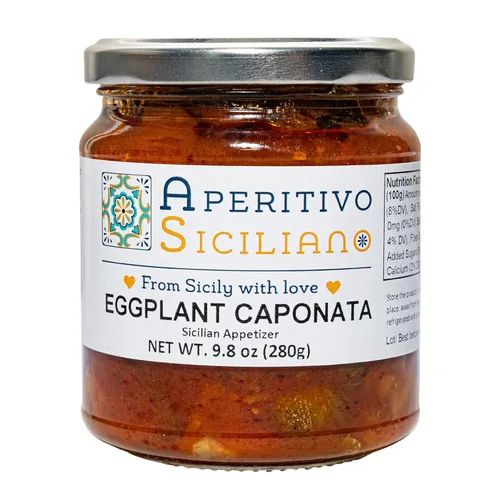 Aperitivo Siciliano - Auténtica caponata de berenjena siciliana - Hecho a mano con ingredientes seleccionados cultivados en Sicilia - Paquete de 4