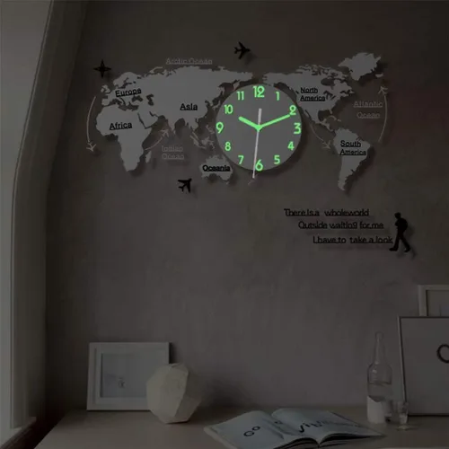 Miniatura 2 de HEALLILY Reloj de pared con mapa del mundo, mapa del mundo, reloj colgante digital que brilla en la oscuridad, suministros de pared para oficina