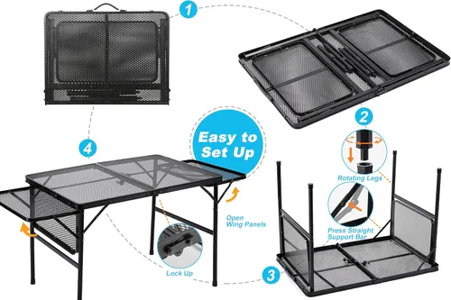 Miniatura 6 de Mesa de camping plegable grande – Mesa de parrilla de malla metálica con 2 paneles de alas 2 alturas ajustables Mesa grande de picnic y al aire