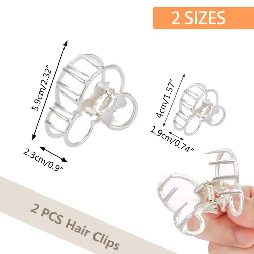 Miniatura 2 de Pinzas para el cabello, 2 pinzas de metal plateado para cabello grueso y pesado, cabeza de ratón, hueca, antideslizante, pasador, pinza