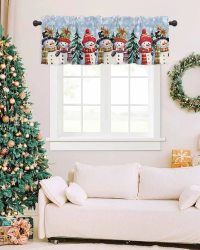 Miniatura 5 de Cenefa de Navidad para ventanas, cortinas de muñeco de nieve, cenefas con bolsillo para barra, tratamientos de ventana, cortinas cortas azules