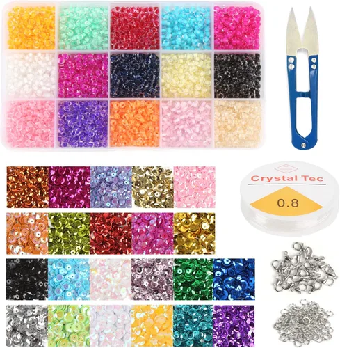 CCINEE Kit de 10322 piezas de cuentas de semillas de vidrio y lentejuelas sueltas, cuentas de manualidades pequeñas de 4 mm, cuentas diminutas de 6