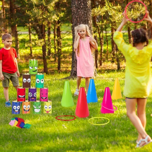 Miniatura 5 de Juego de 36 juegos de carnaval 4 en 1 para lanzar bolsas de frijoles de plástico, juego de lanzamiento de anillo de cono de plástico para interiores