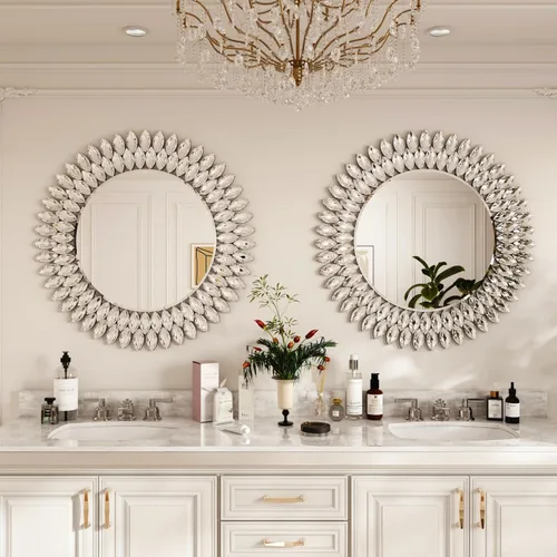Miniatura 4 de Kelly Miller Espejo redondo con joyas para decoración de pared, espejo de pared decorativo moderno de 26 pulgadas con diamantes de lujo, espejo