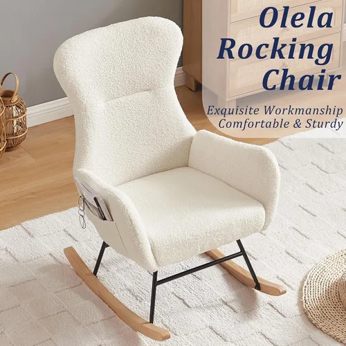 Miniatura 4 de Olela Mecedora de tela de peluche, asiento acolchado con respaldo alto y reposabrazos, silla decorativa de lana de cordero, sofá individual