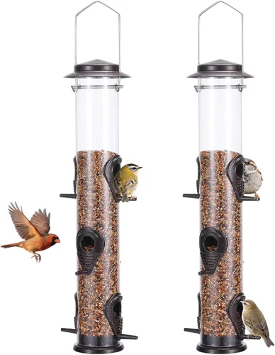 Miniatura 17 de MIXXIDEA 1PK Alimentadores de pájaros metálicos con 6 puertos de alimentación, alimentador de pájaros de tubo con colgador de acero, alimentador