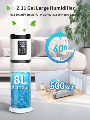 Miniatura 2 de Humidificadores de 8L para dormitorio, silenciosos de 30dB, cobertura de 500ft², tiempo de funcionamiento de 60H, llenado superior, humidificador 3