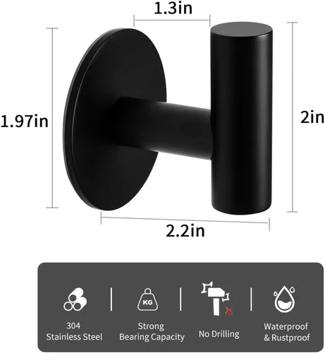 Miniatura 2 de Gancho autoadhesivo para toallas, color negro mate, níquel cepillado, acero inoxidable SUS304, resistente al agua, para toallas, bata, soporte