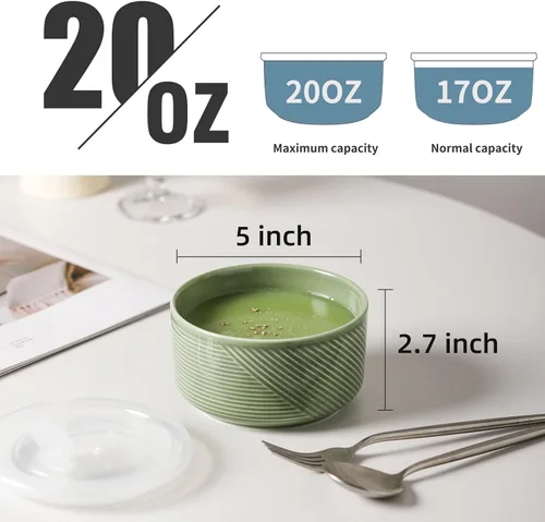 Miniatura 5 de Recipiente de cerámica con tapa: recipiente de almacenamiento de alimentos apto para microondas de 20 onzas para sopa, ensalada, cereales, sobras