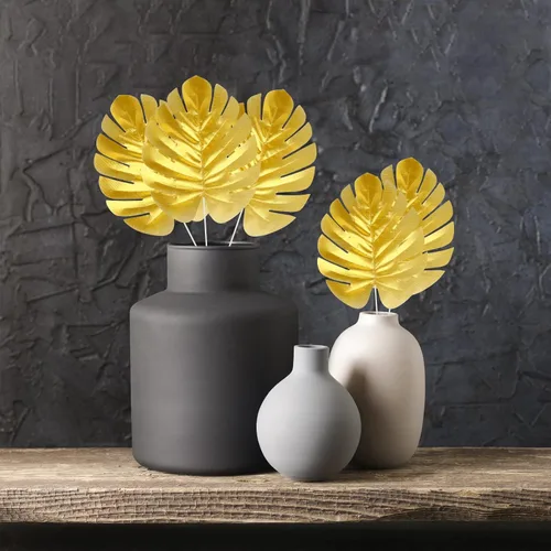 Miniatura 5 de KIMOBER 24 piezas de hojas de palma artificiales doradas, hojas tropicales sintéticas de Monstera doradas, hojas de plantas artificiales realistas