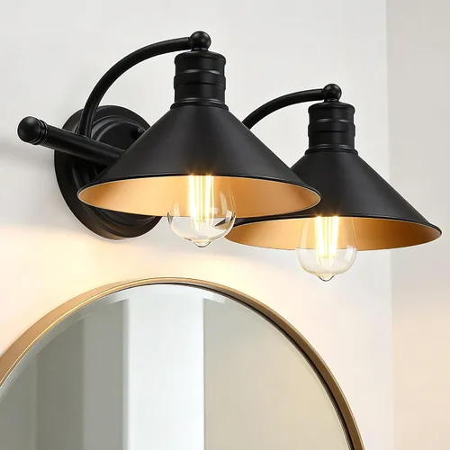 2 Light Bathroom Vanity Light Over Mirror - Black and Gold Farmhouse Wall Light for Bathroom Vanity Powder Room, Rustic Gooseneck Barn Style 2 Bulb