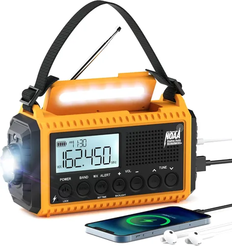 Miniatura 9 de Radio meteorológica de emergencia, manivela solar, funciona con pilas, radio de onda corta AM FM portátil con alerta NOAA, linterna, lámpara de Rojo