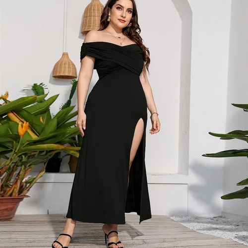 Miniatura 7 de Cocktail Dresses for Women Evening Party - Plus Size Off Shoulder Leg Split Dress Solid Elegant Maxi Long Dress Black