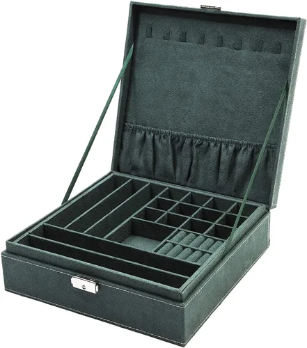 Miniatura 2 de Joyero de terciopelo verde con cerradura para mujeres y hombres caja de almacenamiento con 2 capas para aretes pulseras collares anillos 105 x 105 x