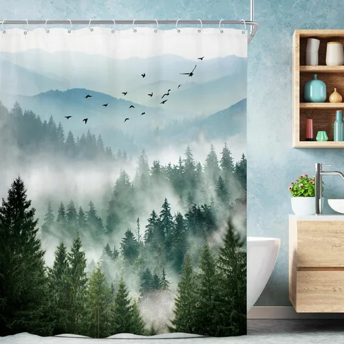 Miniatura 42 de Riyidecor - Cortina de ducha para baño pequeño de montaña, 36 pulgadas de ancho x 72 pulgadas de alto, verde, para RV, temática rústica, naturaleza
