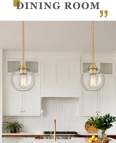 Miniatura 4 de Luces Colgantes de Latón para Isla de Cocina Paquete de 2, Luz Colgante Dorada Estilo Granja con Pantalla de Globo de Vidrio Transparente