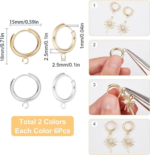 Miniatura 2 de SUNNYCLUE 1 caja de 12 piezas Huggie Hoop Leverbacks de 0.709 in con cierre de palanca de acero inoxidable chapado en oro de 24 quilates, ganchos
