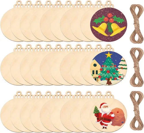 pojah 60 piezas de rebanadas de madera, adornos de Navidad de madera de 4 pulgadas, círculos de madera preperforados sin terminar para centros de