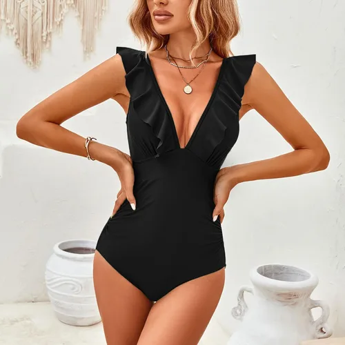 Miniatura 3 de TcIFE Traje de baño de una pieza para mujer, con control de abdomen, volantes, cuello en V, push up, monokinis