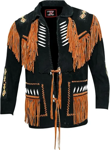 Chaqueta de piel vaquera occidental para hombre, con flecos, ante de hueso, abrigo de cuero nativo americano, color negro