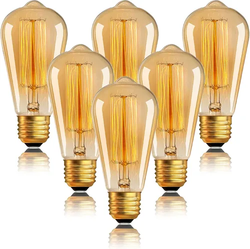 Bombillas Edison ST64 - Paquete de 6 bombillas incandescentes color ámbar vintage 110 V, 40 W, 240 lúmenes, base E26 de 2200 K, regulable, Filamento