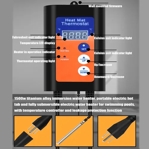 Miniatura 6 de LONRIHEAT - Calentador de agua de inmersión de titanio totalmente sumergible de 1500 W 120 V con termostato LCD y enchufe GFCI, ideal para piscinas