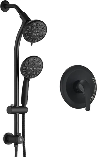Cabezal de ducha de 2 vías ajustable en altura/ángulo sin taladros de montaje instantáneo/barra deslizante de mano (negro mate)