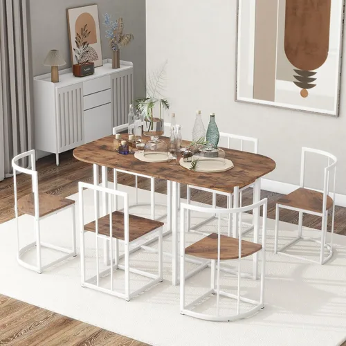 Miniatura 10 de Merax Juego de mesa de comedor moderno de 7 piezas para 6, mesa de mármol MDF sintético, 6 sillas de metal, negro y blanco Negro-blanco