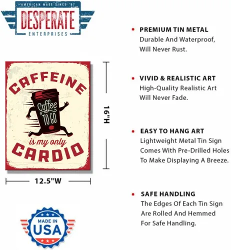 Miniatura 2 de Desperate Enterprises Cartel de lata con texto en inglés «Caffeine Is My Only Cardio – Carteles divertidos – Letreros de metal vintage nostálgicos