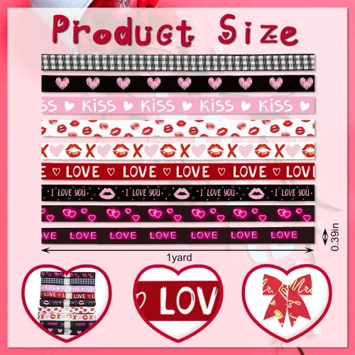 Miniatura 2 de On-Airstore 9 cintas decorativas para el día de San Valentín, 3/8 pulgadas, grogrén de poliéster, beso de amor, corazón, palabras "I Love You", 3