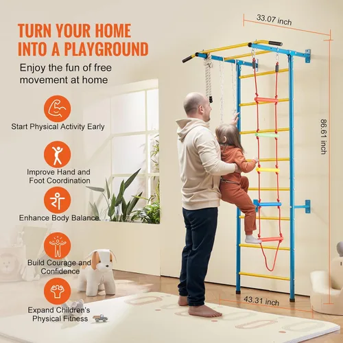 Miniatura 3 de VEVOR Gimnasio interior de la selva para niños pequeños, juego de escalada 5 en 1 con escalera sueca de acero al carbono, escalera de pared, barra