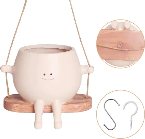 Miniatura 3 de Maceta grande con cara sonriente oscilante, macetas colgantes para plantas de interior y exterior, divertidas macetas para suculentas para cadena