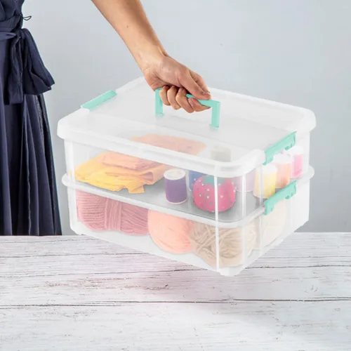 Miniatura 4 de Sterilite Paquete de 4 cajas de asas de 2 capas para almacenamiento en el hogar y la oficina, base transparente y tapa con pestillos