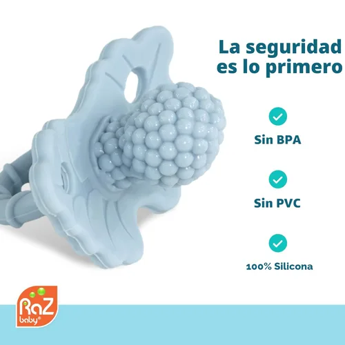 Miniatura 4 de RaZbaby RaZberry - Mordedor de silicona y chupete para alivio de la dentición en bebés, grado alimenticio, libre de BPA, diseño manos libres