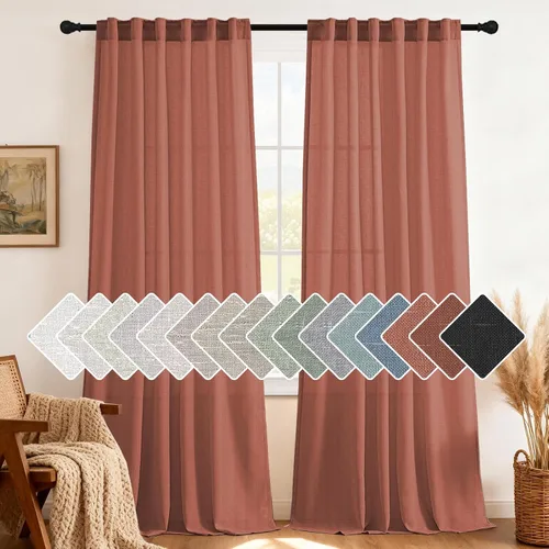 Miniatura 36 de H.VERSAILTEX Cortinas de lino natural de 63 pulgadas de largo para sala de estar, 2 paneles con trabillas traseras y bolsillo, texturizadas