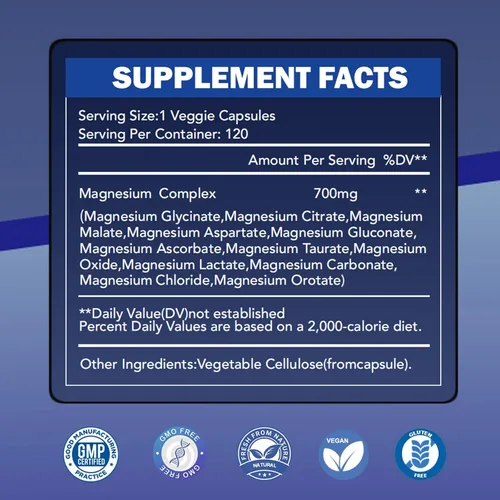 Miniatura 8 de Complejo de magnesio 700 mg 12 en 1 Suplemento de magnesio con glicinato, citrato, malato Sueño, calma, relajación muscular, apoyo para la salud