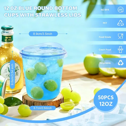 Miniatura 3 de KesaPlan Paquete de 50 vasos de plástico azul de 12 onzas con tapas para sorber, vasos de vino desechables sin popote para café helado, cócteles